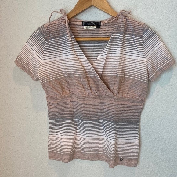 Salvatore Ferragamo Pink Grey White Striped Fitted Faux Wrap Blouse Size XS EUC - Picture 1 of 6